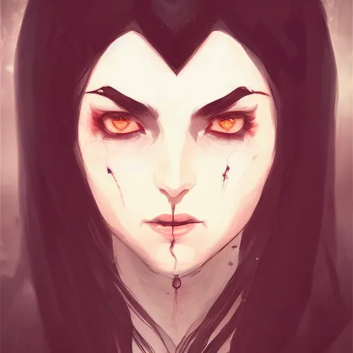 Image similar to female human vampire witch in the style of greg rutkowski, makoto shinkai, trending on artstation, character design, concept art, pretty face, highly detailed, long black hair, portrait, digital art