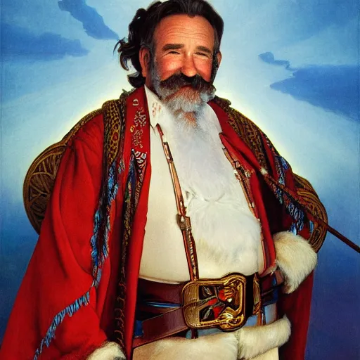 Image similar to a detailed portrait of robin williams as santa ana at the alamo, long twirling moustache, by alphonse mucha and albert bierstadt and thomas moran and charles russel, god rays, intricate detail, cinematic, 8 k, featured on artstation, pixiv