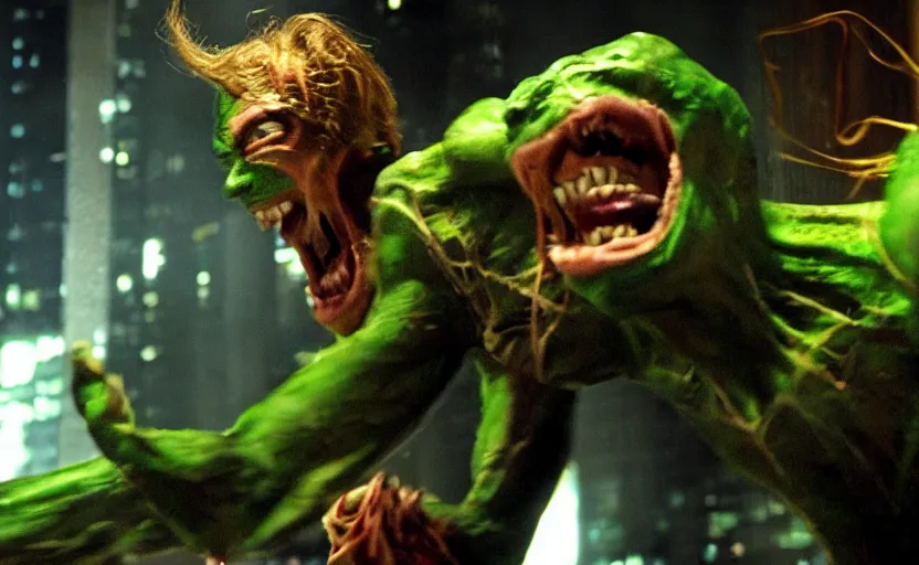 Image similar to steve buschemi as the green goblin in spiderman, movie still from spiderman 1, sam raimi style, hdr, epic composition