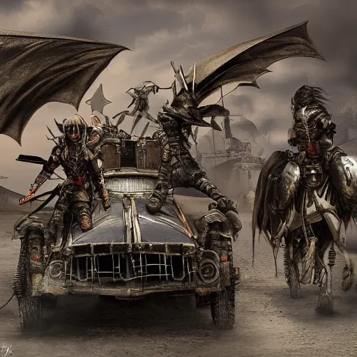Image similar to warriors on wyverns with steampunk armor flying in a post apocalyptic street inspired by mad max, Oulan-Bator, photorealism 8k , high details