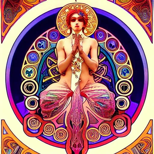 Image similar to psychedelic sacred geometry, intricate, sophisticated, ultra realistic, incredibly detailed, diagram, illustration, trending on artstation, art by alphonse mucha