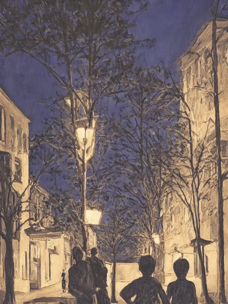 Image similar to backlit portrait of 2 kids posing at night, by alice neel, high definition, intricate details, atmospheric, town square, vegetation, small town