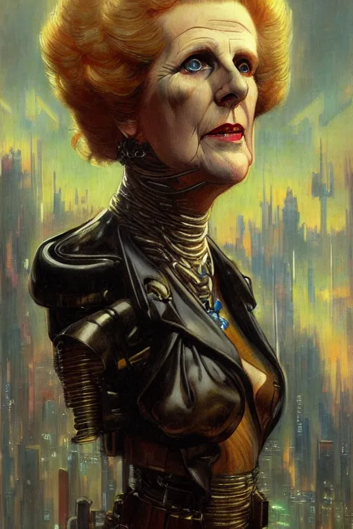 Prompt: cyberpunk margaret thatcher, character design, painting by gaston bussiere, katsuya terada, frank frazetta, tom of finland, trending on artstation