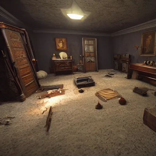 Image similar to room of a dark mansion, objects from ritual in the ground, unreal engine