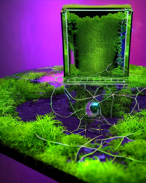 Prompt: product photography of water-filled, ultra-violet cyber punk terrarium, vines wrap around the terrarium, unreal engine 5, blender, depth of field, ultra realistic, cinematic, macro, artstation, megascan, intricate, epic, Quixel, weta digital, focus, octane render, v-ray, 8k, dslr, macro photography, rule of thirds