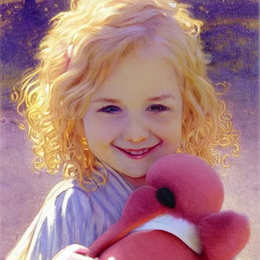 Prompt: a beautiful smiling little [[[[[[[[blonde toddler]]]]]]]]] girl with short loosely curly hair, at the park on a beautiful day, holding a round all-pink stuffed penguin, by Artgerm, Mucha Klimt, Hiroshi Yoshida and Craig Mullins, featured on Artstation, CGSociety, Behance HD, Deviantart