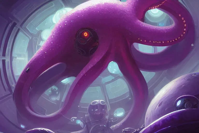 Image similar to Giant purple octopus in a space station, elegant, intricate, retrofuturistic digital painting, artstation, concept art, smooth, sharp focus, illustration, art by artgerm and greg rutkowski and alphonse mucha