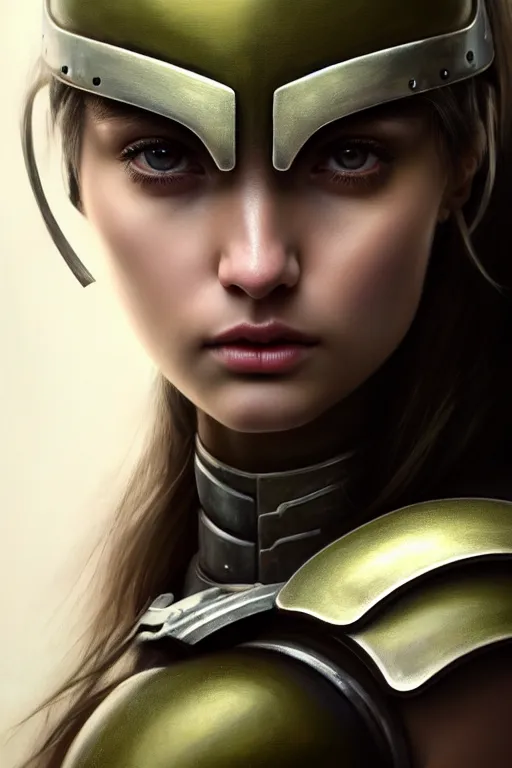 Image similar to a photorealistic painting of an attractive young girl, partially clothed in metal-plated battle armor, olive skin, long dark hair, beautiful bone structure, symmetrical face, perfect eyes, intricate, elegant, digital painting, concept art, illustration, sharp focus, minimal artifacts, volumetric lighting, from Metal Gear, in the style of Ruan Jia and Mandy Jurgens and Greg Rutkowski, trending on Artstation, award winning