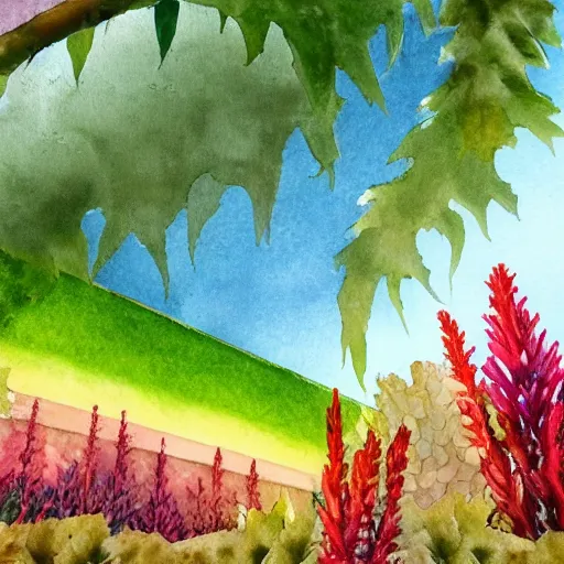 Image similar to delicate garden on paper floating puffy vines botanical herbarium botanic watercolors iridescent 8 k wide angle realistic artstation italian rainbow colonnade oak pinecone architecture pompeii