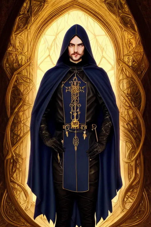 Image similar to handsome mage casting a spell, long black hair blue eyes wearing leather mantle gothic navy cloak with gold details, castle town, fantasy character portrait, ultra realistic, intricate, elegant, cinematic lighting, highly detailed, digital painting, artstation, smooth, sharp, focus, illustration, art by artgerm and greg rutkowski and alphonse mucha