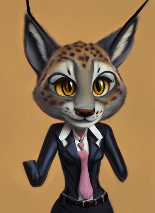 Image similar to oil painting of anthromorphic female lynx, in style of zootopia, female fursona, furry, furaffinity, 4 k, deviantart, furry art, fursona art, wearing black business suit, business suit, lynx fursona, female, very expressive detailed feminine face,