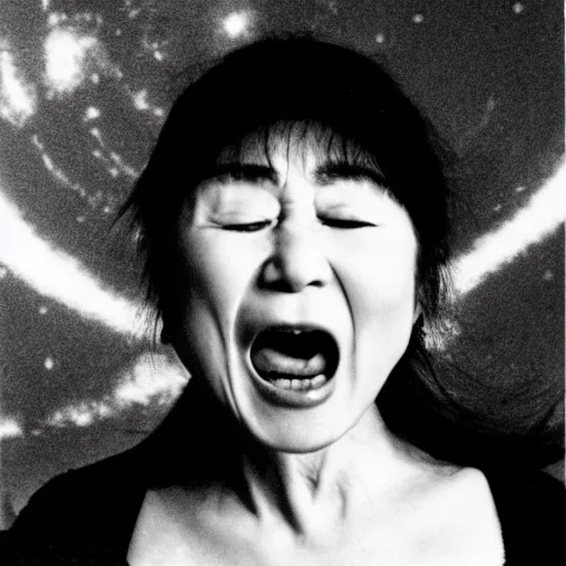 Image similar to yoko ono screaming a spiral galaxy out of her mouth into the universe
