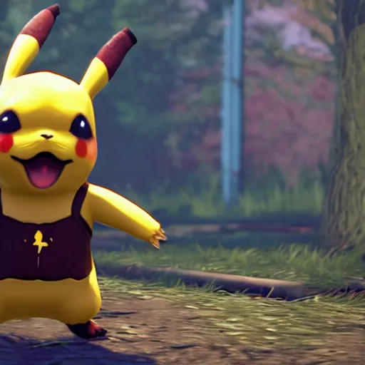 Image similar to 3 d modeled 3 d rendering with specular pbr material of realistic pikachu as a playable character in the videogame dead by daylight, pc gpu fov settings, videogame screenshot of mori animation, dark lighting and heavy fog, playstation 2 graphics