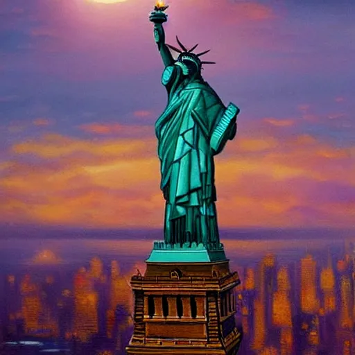 Image similar to a hyper realistic painting of man mixed with eagle standin on the statue of liberty, watching the colorful city with highly detailed skyline, sunset, majestic, wonderful, fantasy, by Greg Rutkowski, Trending on Artstation, digital art