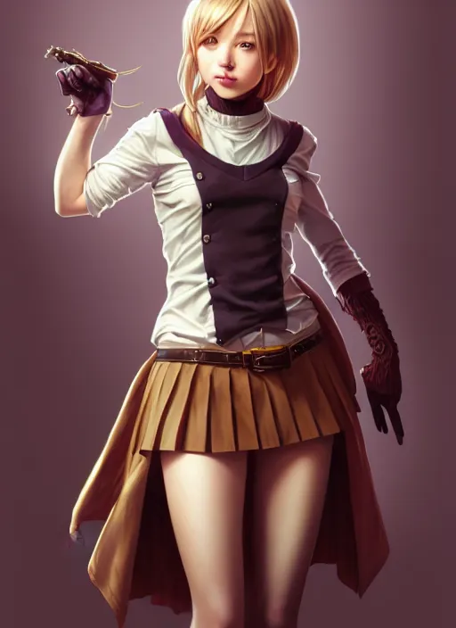 Image similar to portrait of a full body of beautiful young female detective, d & d, sleeveless turtleneck, pleated skirt, fantasy, flat lighting, intricate, highly detailed, digital painting, artstation, concept art, smooth, sharp focus, illustration, misa amane, art by simon bisley and greg rutkowski and alphonse mucha, natural tpose