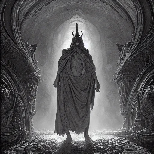 Prompt: demonic god in the style of michael whelan and gustave dore. hyperdetailed photorealism by greg rutkowski, 1 0 8 megapixels, cinematic lighting