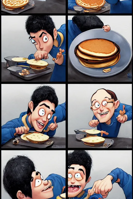 Image similar to pete davidson making pancakes, animation pixar style, by pendleton ward, magali villeneuve, artgerm, rob rey and kentaro miura style, golden ratio, trending on art station