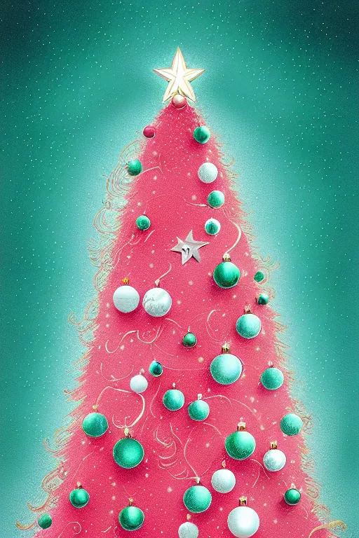 Image similar to illustration neo - rococo cinematic super expressive! scandi christmas tree with kitchen glitzy baubles, star, bird decorations, silver pink white red mood, highly detailed digital art masterpiece, smooth etienne sandorfi eric zener dramatic pearlescent soft teal light, ground angle hd 8 k, sharp focus