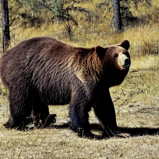 Image similar to a bloodthirsty bear, raised up on one side, with three ribs in its mouth between its teeth