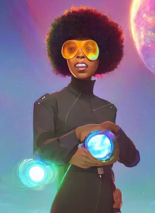 Prompt: afro - futurist scientist, computers and holograms, hacking the metaverse | hyperrealistic oil painting | by makoto shinkai, ilya kuvshinov, lois van baarle, rossdraws | afrofuturism, in the style of hearthstone, trending on artstation | dark color scheme