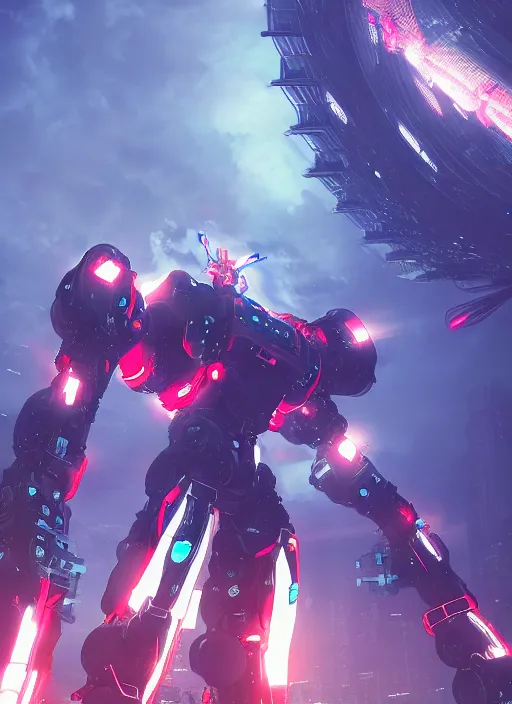 Image similar to intricate digital artwork of a giant japanese anime mecha by by nuthin'but mech, by kallamity sketchbook, inspired by nier : automata, neon city background, octane render, cgstation, 4 k resolution