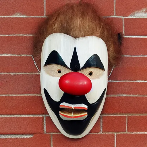 Image similar to wooden clown mask with long fang like incisors