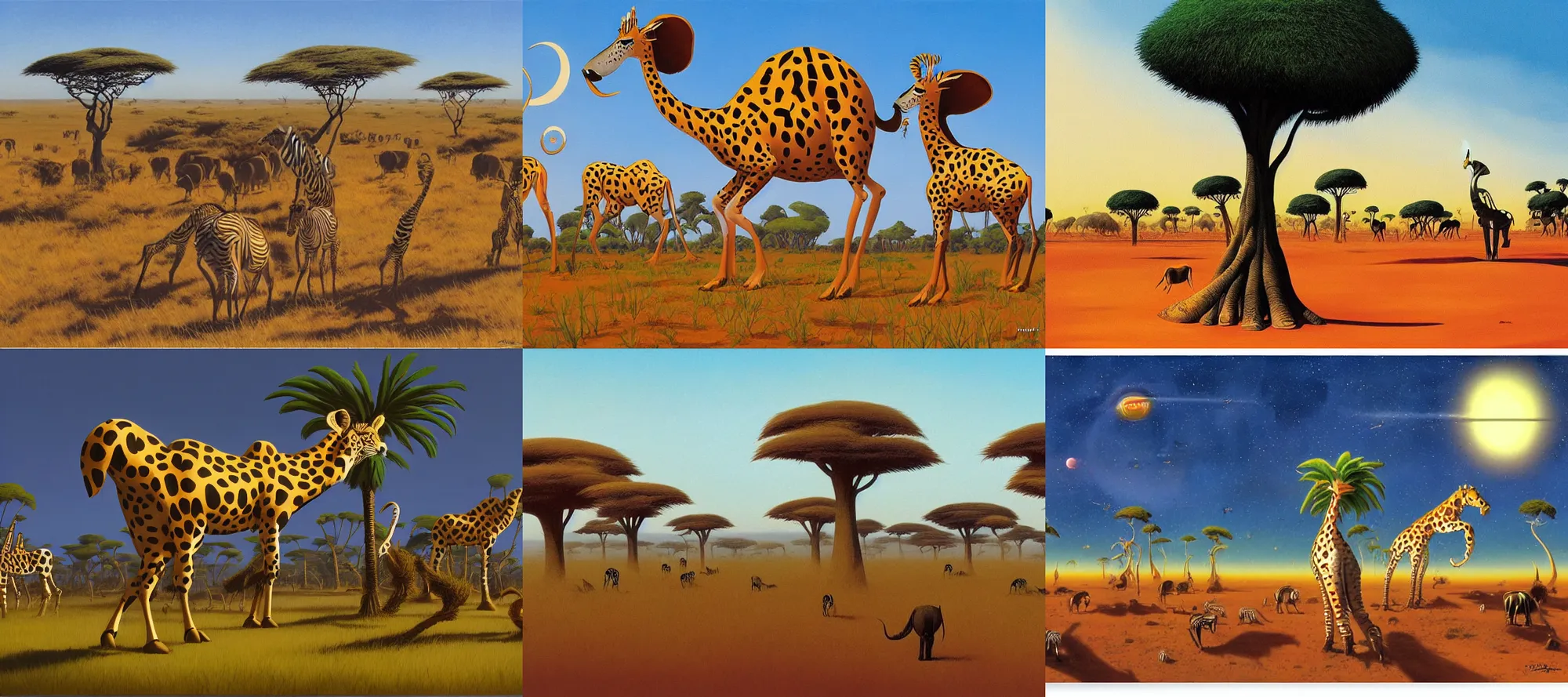 Prompt: African Savanna in the style of Dr. Seuss, starships, painting by Ralph McQuarrie