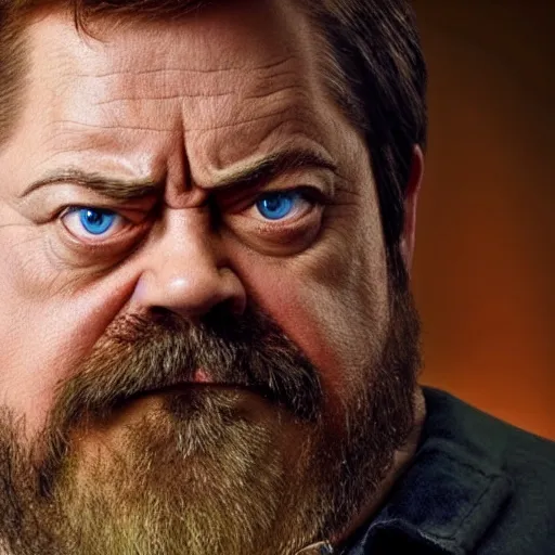 Prompt: ron swanson is a dwarven cleric trying to pick the lock of a wooden door in the side of a warehouse. he is frustrated.