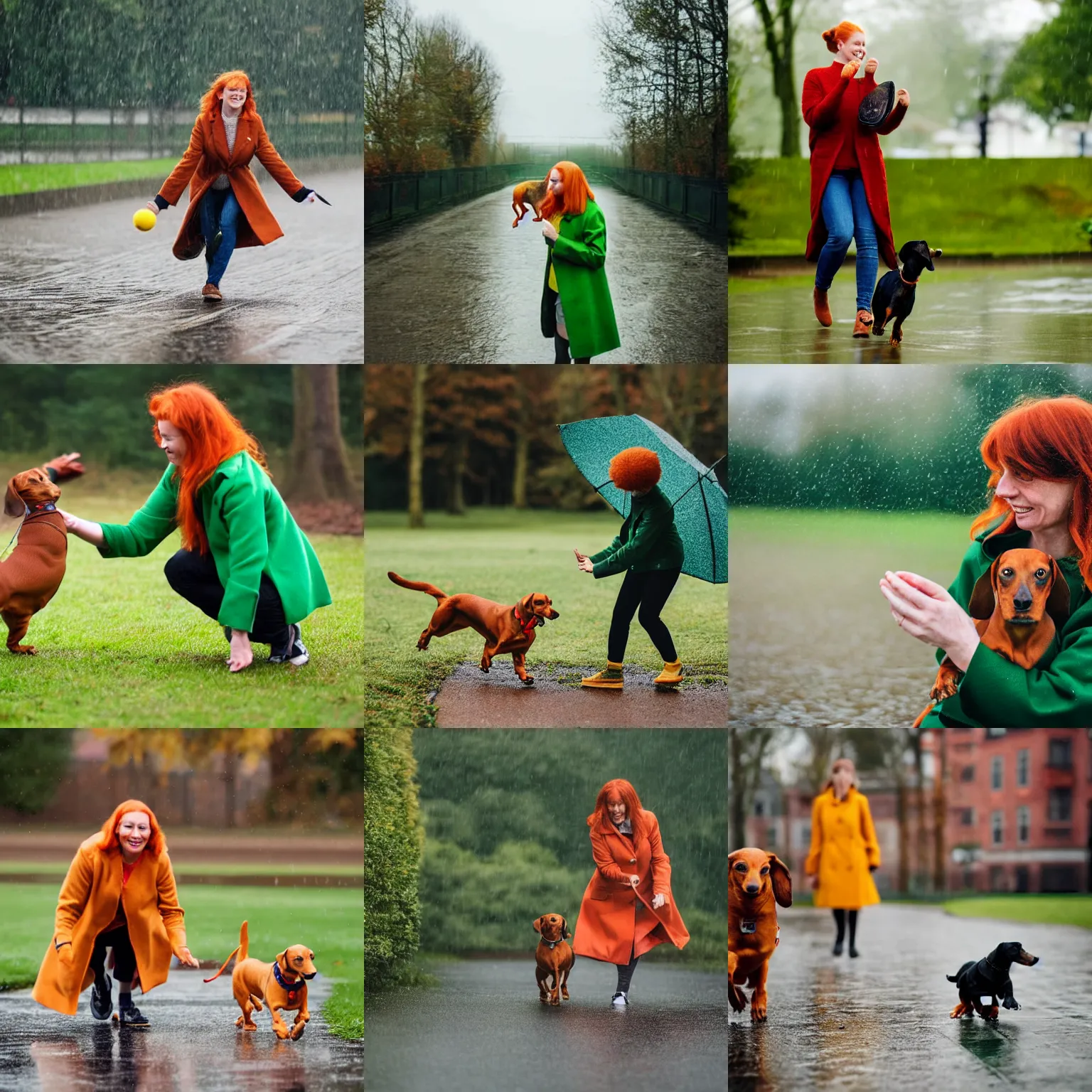 Prompt: a ginger woman in a green coat playing catch with her dachshund on a rainy day