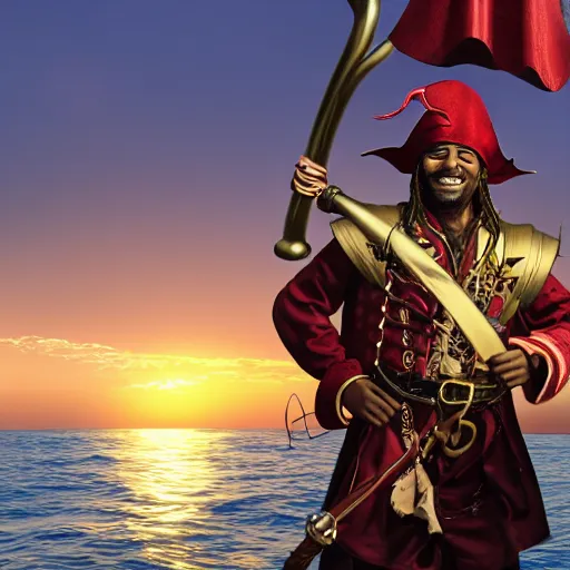 Prompt: a red - skinned horned male tiefling pirate wearing a pirate coat with shiny gold buckles and a rapier on his hip, standing at the prow of his ship looking out over the water, uhd, high detail, sunset lighting