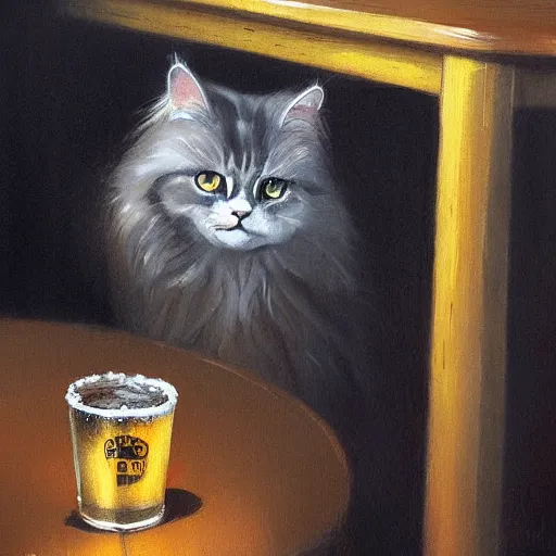 Image similar to of a british longhair cat sitting at the bar next to a beer, by greg rutkowski