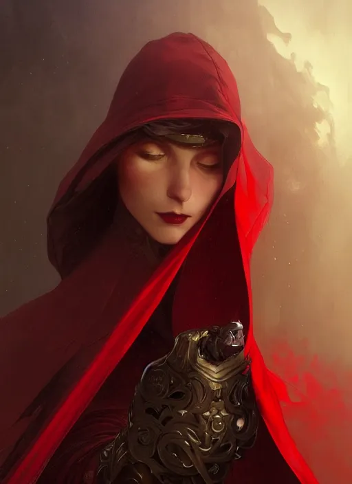 Prompt: person with no eyes wearing a dark red cape, fantasy, medieval wear, intricate, elegant, highly detailed, digital painting, artstation, concept art, smooth, sharp focus, illustration, art by artgerm and greg rutkowski, reimagined by alphonse mucha