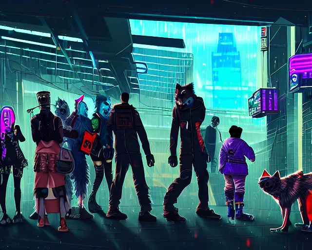 Image similar to high - resolution photograph from a cyberpunk era furry fandom convention ( midwest furfest 2 0 4 7 ), taking place after the genetic revolution and singularity. photorealistic.