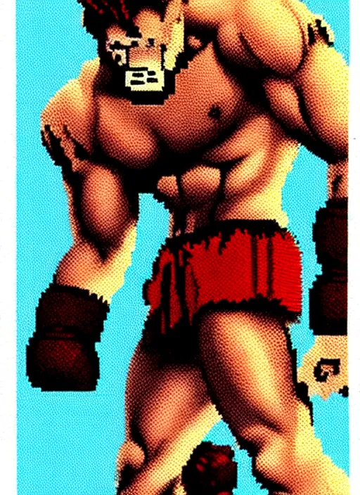 Image similar to 8 bit nes graphics. antropomorphic muscular masculine wolf. kickboxer fighter, in shorts. wolf head. fine details, very sharp, art from nes game cartridge, marc simonetti and hermann nitsch