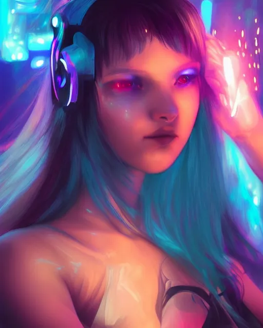 Image similar to pretty girl with blue hair, dj girl, in a club, laser lights background, sharp focus, digital painting, 8 k, concept art, art by wlop, artgerm, greg rutkowski and alphonse mucha