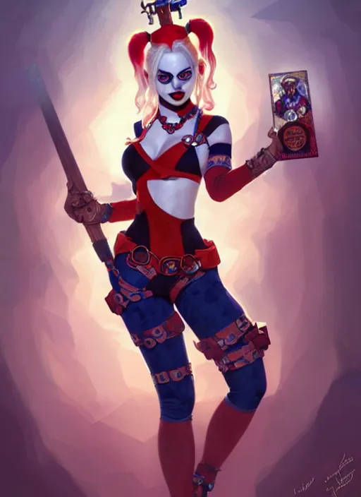 Image similar to harley quinn as a gnome queen, girl, masterpiece, intricate, elegant, highly detailed, my rendition, digital painting, artstation, concept art, smooth, sharp focus, illustration, art by artgerm and greg rutkowski and alphonse mucha and uang guangjian and gil elvgren and sachin teng, symmetry!!