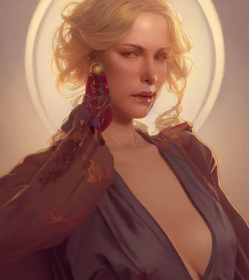 Image similar to a girl wearing a golden dress, grey hair, red necktie, cinematic, stunning, highly detailed, digital painting, artstation, smooth, hard focus, full body shot, illustration, art by artgerm and greg rutkowski and alphonse mucha