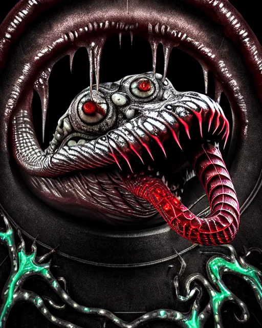 Prompt: realistic long textured tongue demon wet humanoid alien, smoke, mouth in mouth, large alien eyes, metallic reflective fangs dripping greenish acid saliva, thin red veins, intricate grey snake scales ornate skin, cinematic light shadows, reflections, crawling in a wet sewer pipe, dim flashlight lighting, insanely detailed