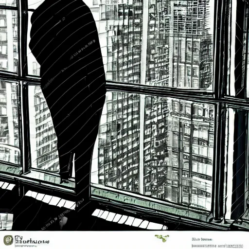 Image similar to art style based on light beams and wires is adoperated to picture a guy sitting on a window. high building. new york.