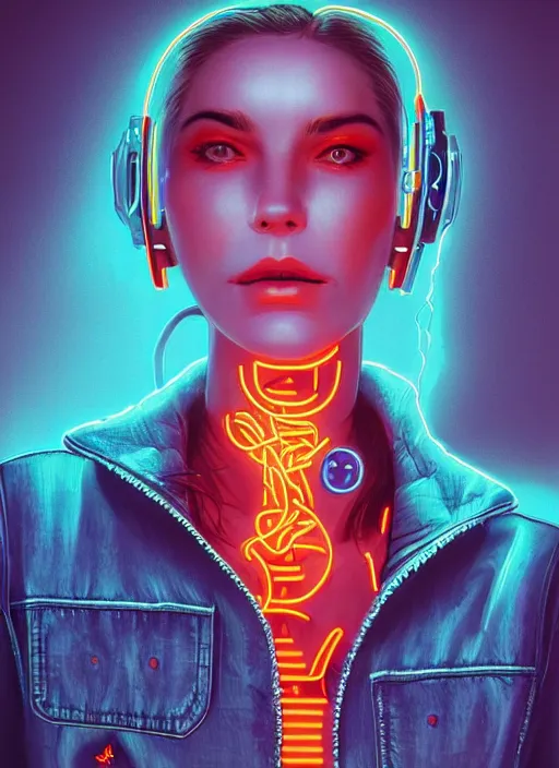 Image similar to portrait of a cyborg humanoid girl with mechanical and electronic element, denim jacket surrounded by neon light, Michael Whelan and Tristan Eaton, highly detailed, trending on artstation