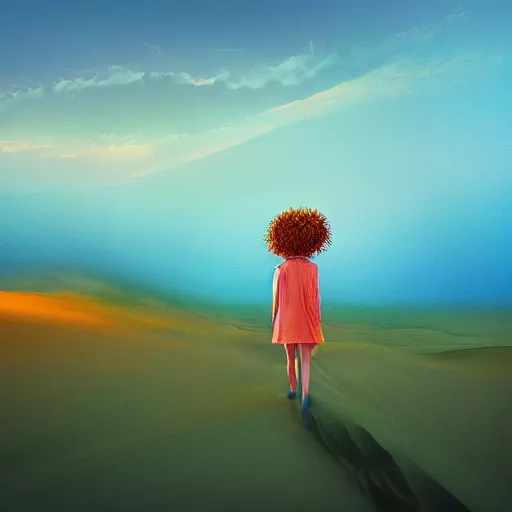 Image similar to closeup giant dahlia flower under head, girl walking between dunes, surreal photography, sunrise, blue sky, dramatic light, impressionist painting, digital painting, artstation, simon stalenhag