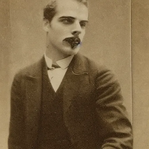 Image similar to edwardian photograph of a mix of billie eilish and henry cavill, male, 1 9 0 0 s, 1 9 1 0 s, grainy, slightly blurry, faded, realistic face