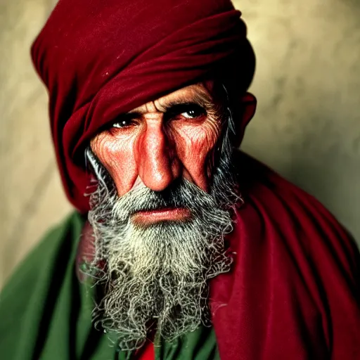Prompt: portrait of president william henry harrison as afghan man, green eyes and red scarf looking intently, photograph by steve mccurry