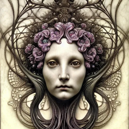 Image similar to detailed realistic porcelain beautiful organic calaveras goddess face portrait by jean delville, gustave dore, iris van herpen and marco mazzoni, art forms of nature by ernst haeckel, art nouveau, symbolist, visionary, gothic, neo - gothic, pre - raphaelite, fractal lace, intricate alien botanical biodiversity, surreality, hyperdetailed ultrasharp octane render