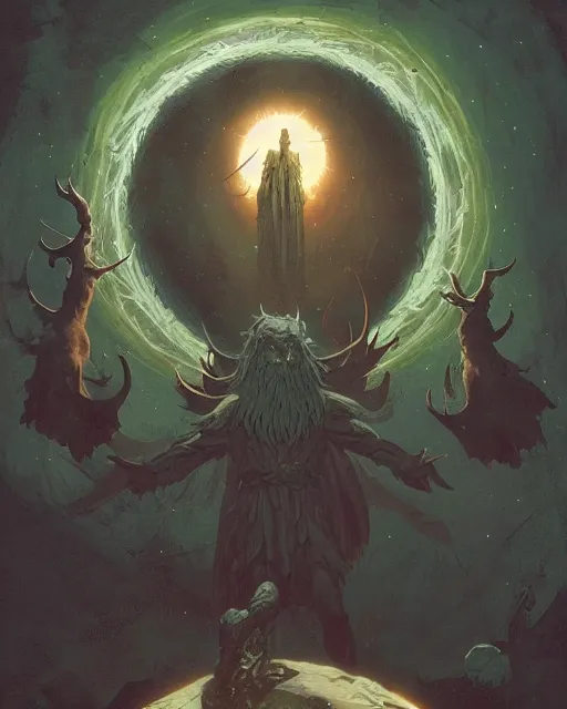 Image similar to a druid standing in a circle at the beginning of the world by greg rutkowski and frank frazetta and peter mohrbacher and william blake and dan mumford