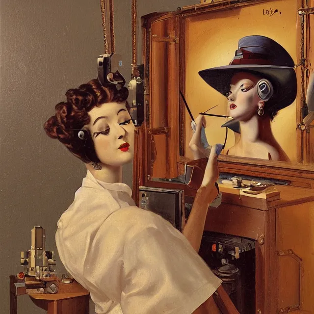 Image similar to robot artist painting a self - portrait on a canvas. intricate, highly detailed, digital matte painting, in the style of alexandros pyromallis, and in the style of hans thoma, and in the style of gil elvgren. irony, recursion, inspiration.