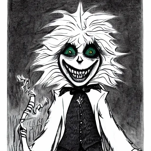 Image similar to a Pop Wonder scary horror themed goofy-hilarious-character Jack-Frost-Babadook-scarecrow-madhatter-williewonka-wearing a scarf, 3-piece-suit, dime-store-comic drawn with charcoal and pen and ink, half-tone-line-stacking