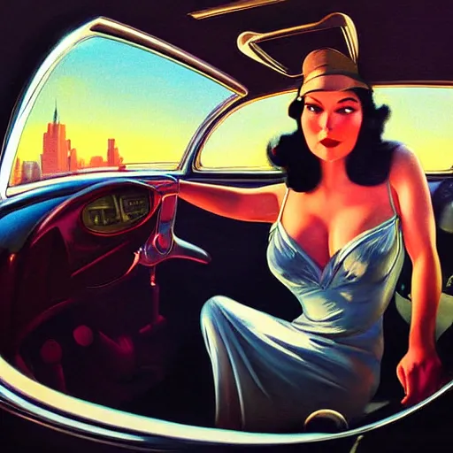 Prompt: 3 d fisheye, very low, wide angle, painting showing olivia munn driving exaggerated 1 9 3 0 s car with woman driving, shiny, dramatic lighting, sultry, sensual, shiny, vargas, wlop, manara, moebius, elvgren, joshua middleton, artgerm