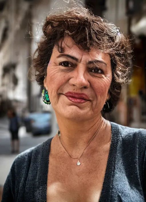 Image similar to portrait of beautiful Spanish 50-year-old well-groomed plump woman model, with lovely look, happy, candid street portrait in the style of Martin Schoeller award winning, Sony a7R