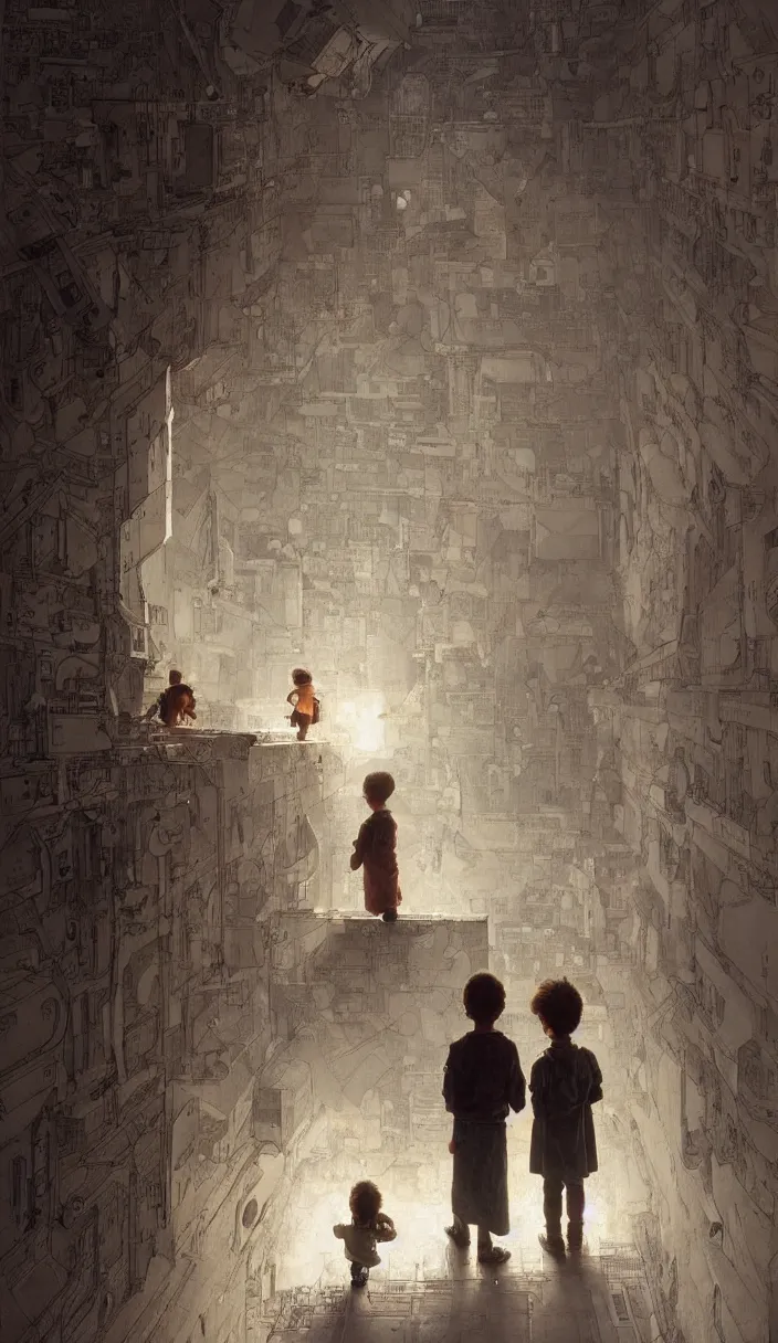 Image similar to two kids looking at a wall full of futuristic diagrams and pictures, part by Norman Rockwell, part by Greg Rutkowski , part by Mattias Adolfsson, high angle, intricate, detailed, (((volumetric lighting))), oil on canvas